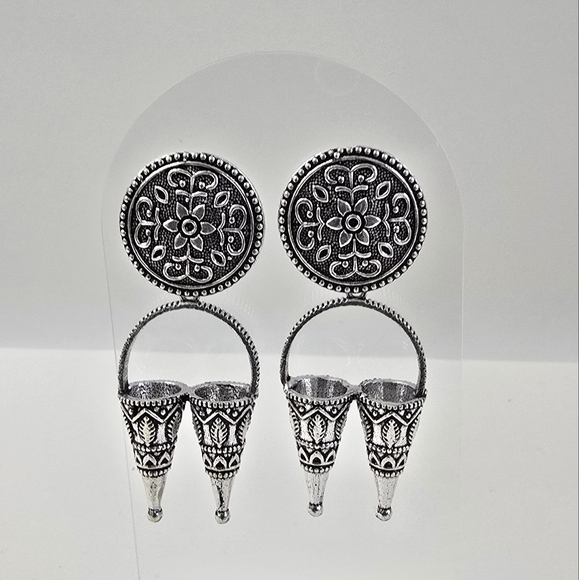 Antique Tone Boho Tribal Silver Earrings - Picture 2 of 7